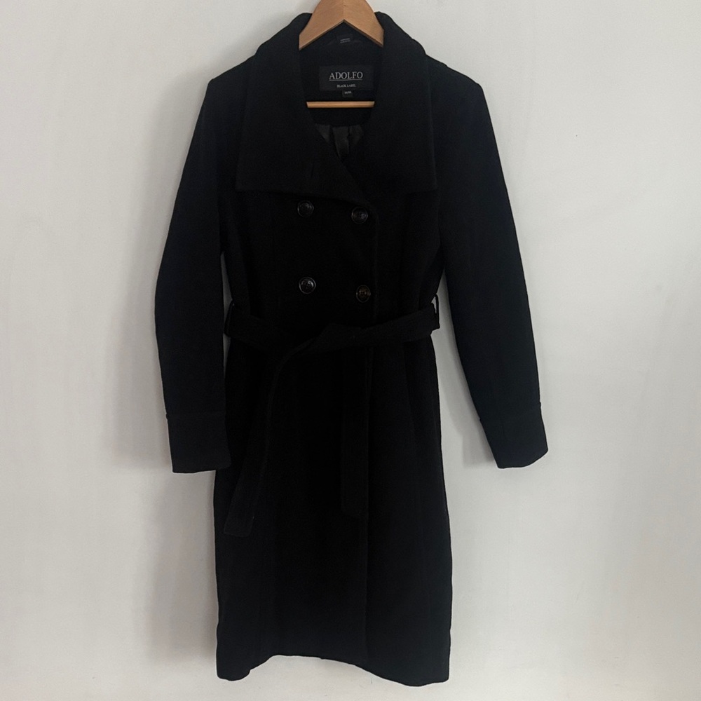 ADOLFO Black Label Women Black Wool Coat Double Breasted Tie Belt Size M